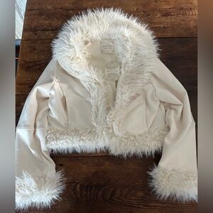 Altar'd State Cream Teddy Jacket with Faux Fur Trim